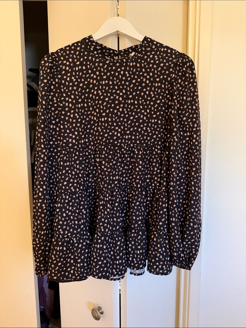 Women's Black Tunic Top with tan dot Print